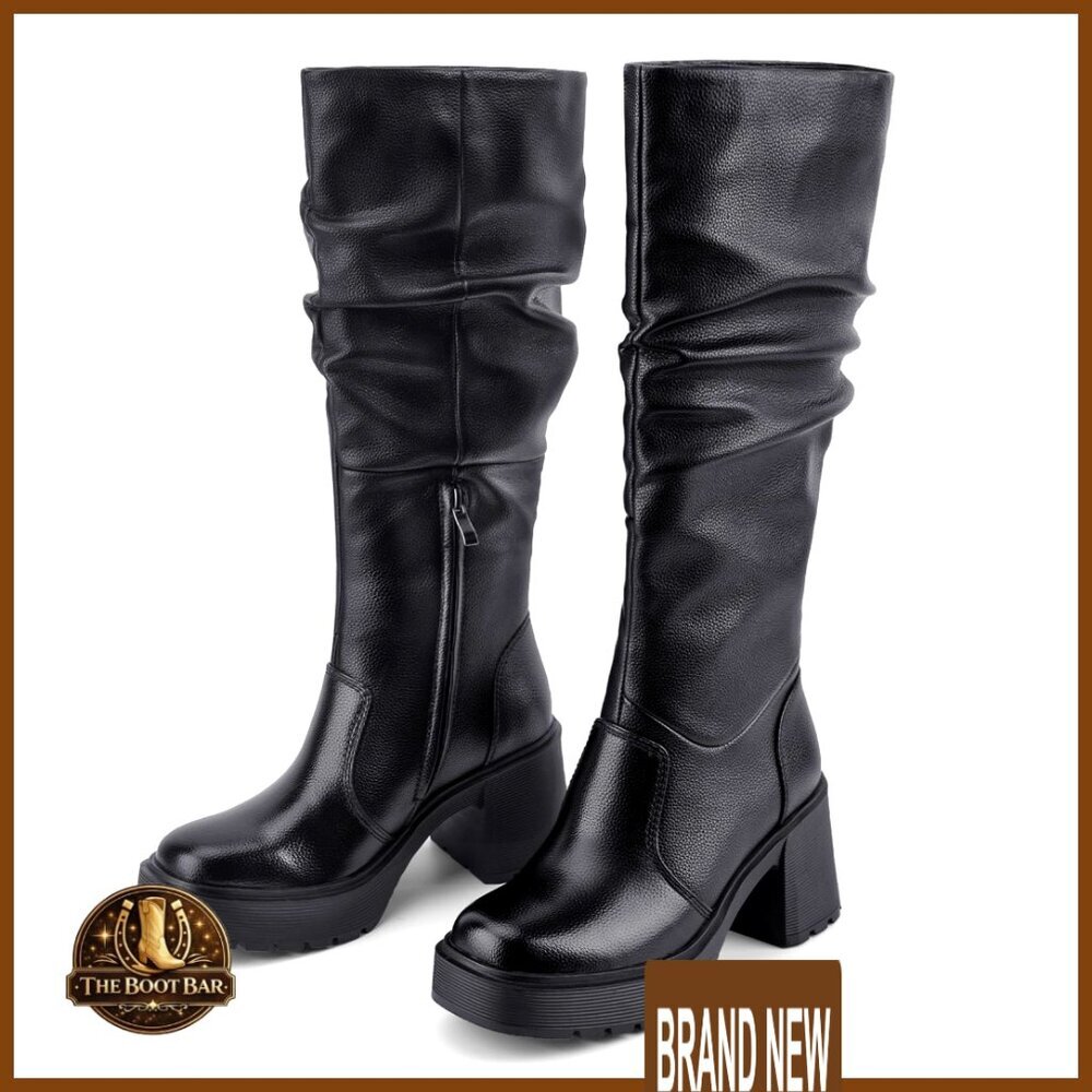 Platform Knee High Boots Chunky Heel Square Toe Side Zipper Women's Tall Boots